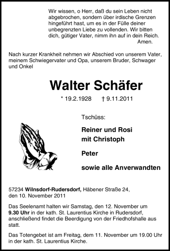 Traueranzeige von Walter Schäfer von Tageszeitung
