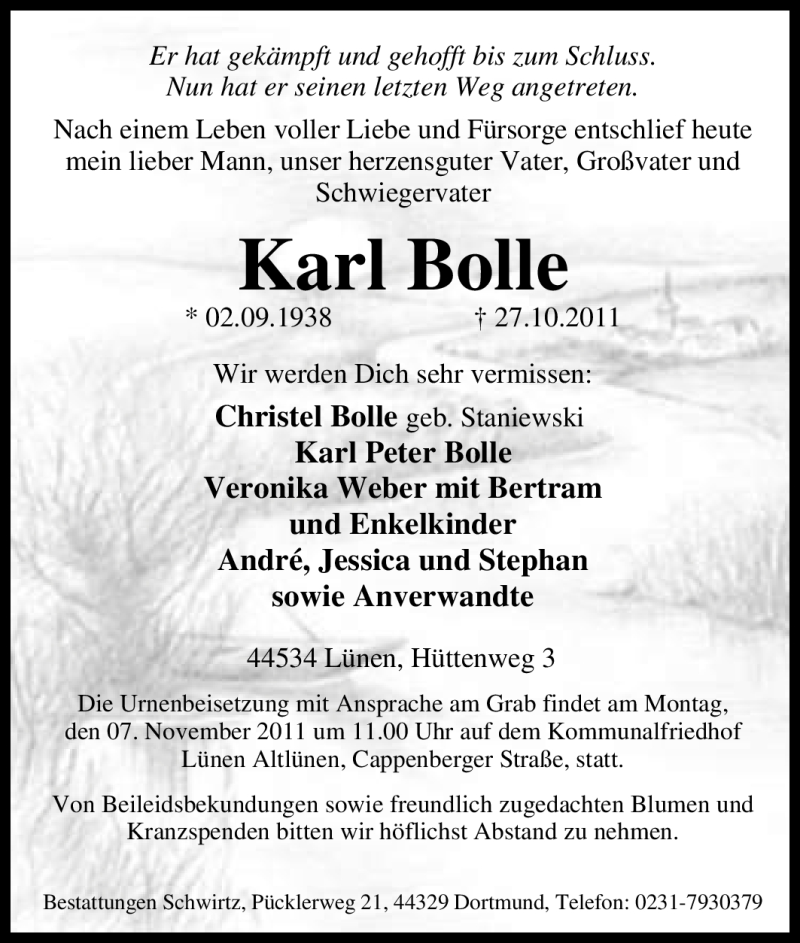  Traueranzeige für Karl Bolle vom 03.11.2011 aus Tageszeitung