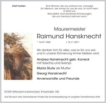 Traueranzeige von Raimund Hansknecht von Tageszeitung