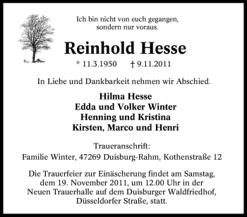Traueranzeige von Reinhold Hesse von Tageszeitung