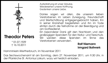 Traueranzeige von Theodor Peters von Tageszeitung