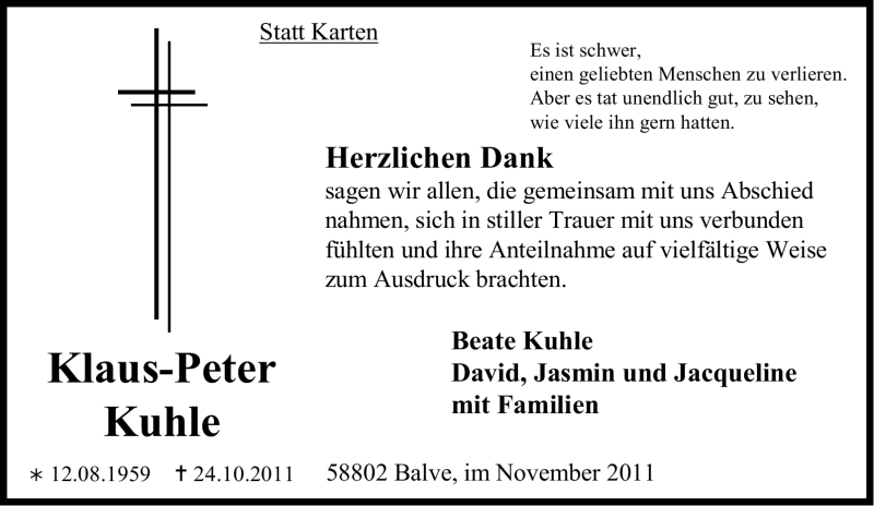  Traueranzeige für Klaus-Peter Kuhle vom 26.11.2011 aus Tageszeitung