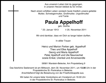 Traueranzeige von Paula Appelhoff von Tageszeitung