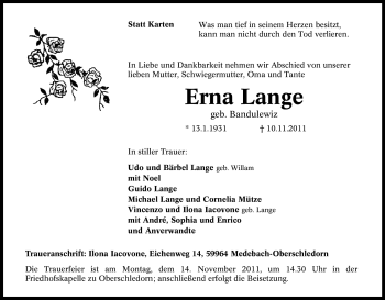 Traueranzeige von Erna Lange von Tageszeitung