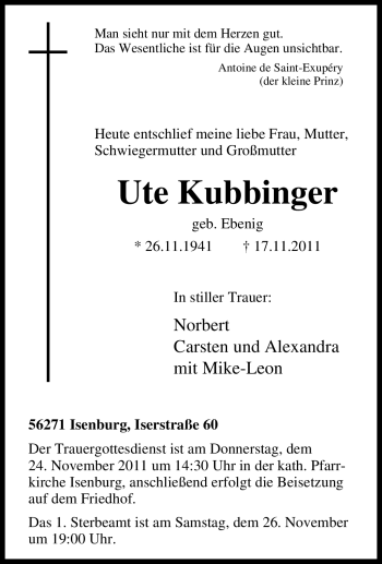 Traueranzeige von Ute Kubbinger von Tageszeitung