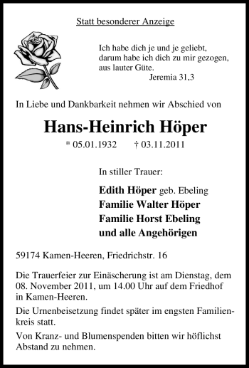 Traueranzeige von Hans-Heinrich Höper von Tageszeitung