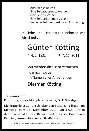 Traueranzeige von Günter Kötting von Tageszeitung