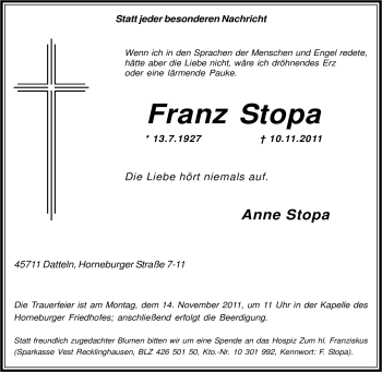 Traueranzeige von Franz Stopa von Tageszeitung
