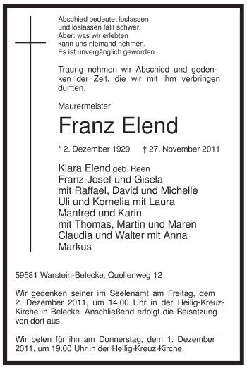 Traueranzeige von Franz Elend von Tageszeitung