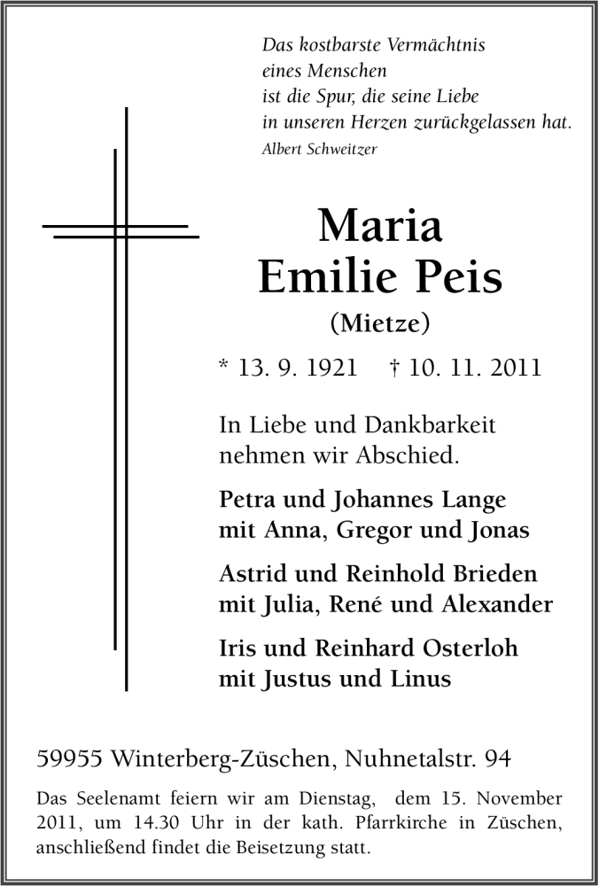  Traueranzeige für Maria Emilie Peis vom 12.11.2011 aus Tageszeitung