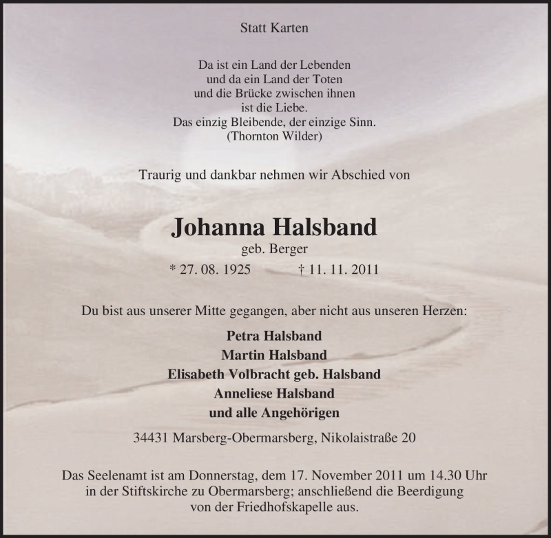  Traueranzeige für Johanna Halsband vom 12.11.2011 aus Tageszeitung