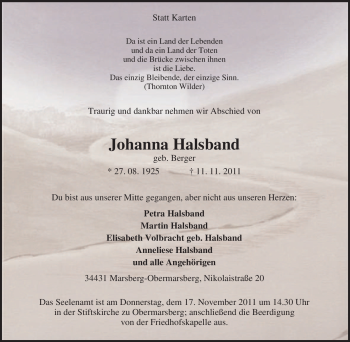 Traueranzeige von Johanna Halsband von Tageszeitung