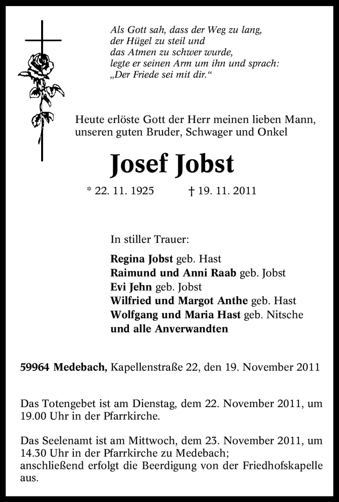  Traueranzeige für Josef Jobst vom 21.11.2011 aus Tageszeitung