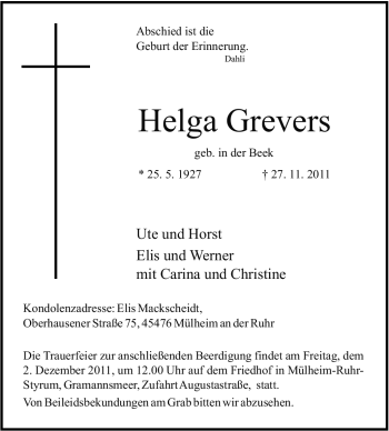 Traueranzeige von Helga Grevers von Tageszeitung