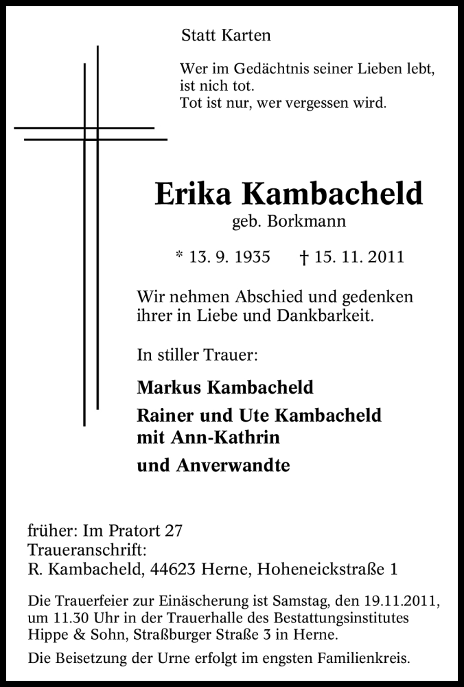  Traueranzeige für Erika Kambacheld vom 17.11.2011 aus Tageszeitung