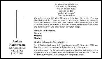 Traueranzeige von Andrea Hennemann von Tageszeitung