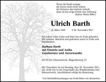 Traueranzeige von Ulrich Barth von Tageszeitung