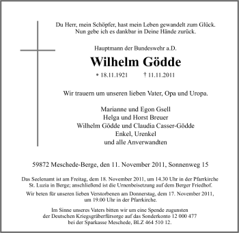 Traueranzeige von Wilhelm Gödde von Tageszeitung