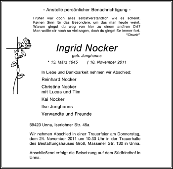 Traueranzeige von Ingrid Nocker von Tageszeitung