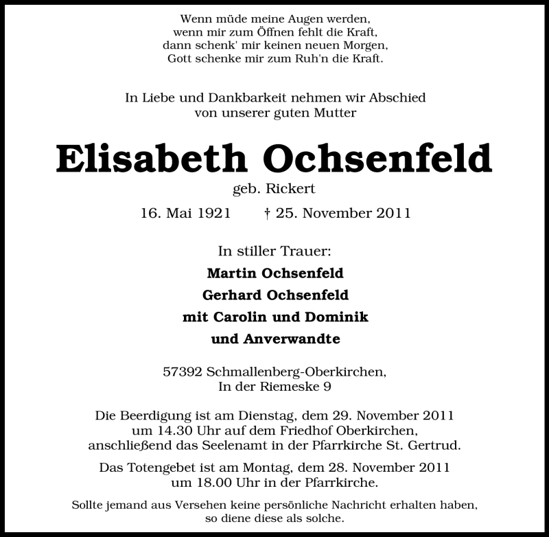  Traueranzeige für Elisabeth Ochsenfeld vom 28.11.2011 aus Tageszeitung