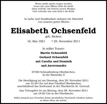 Traueranzeige von Elisabeth Ochsenfeld von Tageszeitung