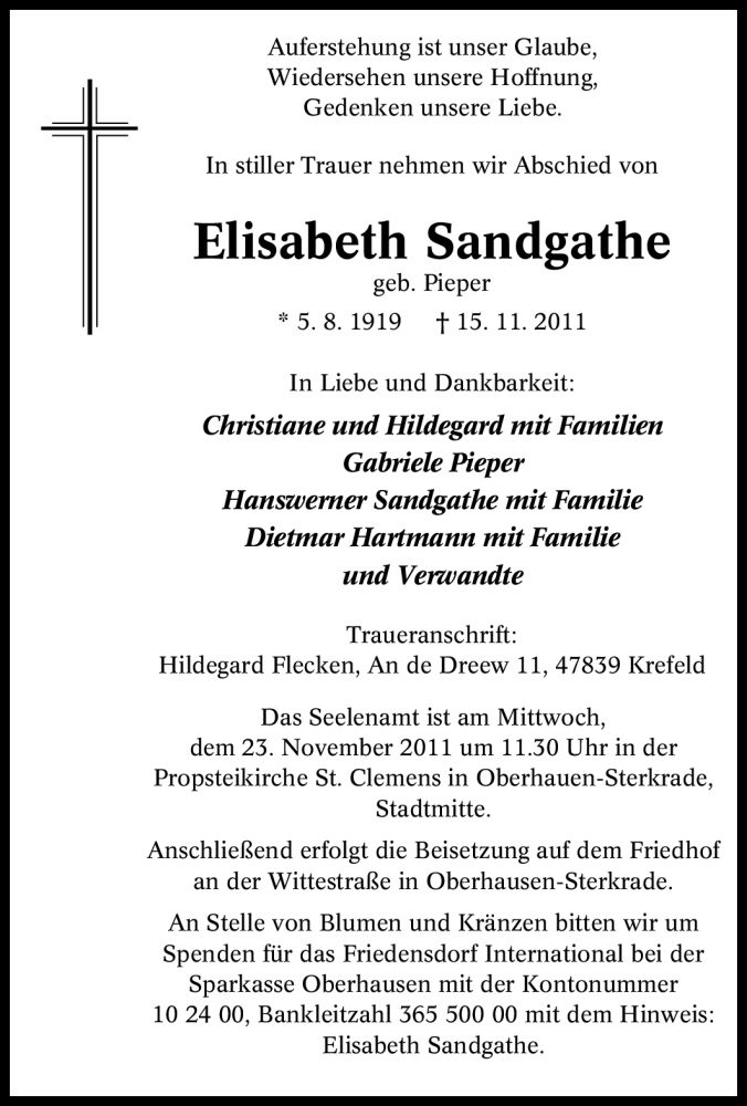  Traueranzeige für Elisabeth Sandgathe vom 19.11.2011 aus Tageszeitung