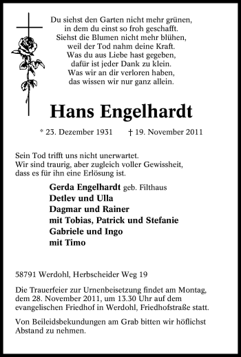 Traueranzeige von Hans Engelhardt von Tageszeitung