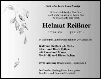 Traueranzeige von Helmut Reißner von Tageszeitung