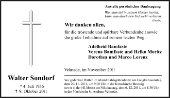 Traueranzeige von Walter Sondorf von Tageszeitung
