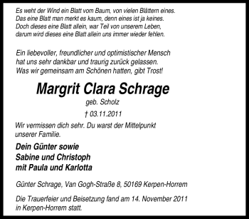 Traueranzeige von Margrit Clara Schrage von Tageszeitung
