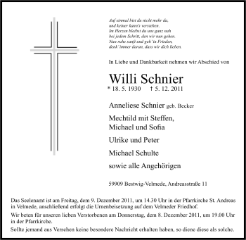 Traueranzeige von Willi Schnier von Tageszeitung