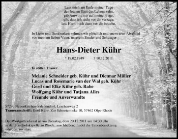 Traueranzeige von Hans-Dieter Kühr von Tageszeitung