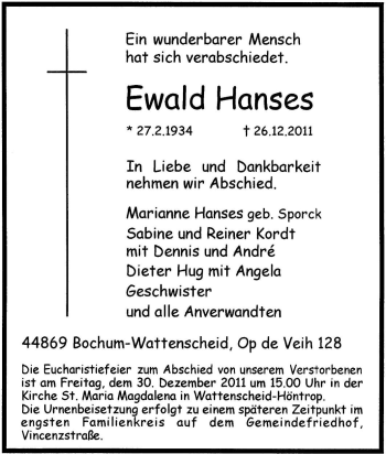 Traueranzeige von Ewald Hanses von Tageszeitung