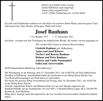 Traueranzeige von Josef Bauhaus von Tageszeitung