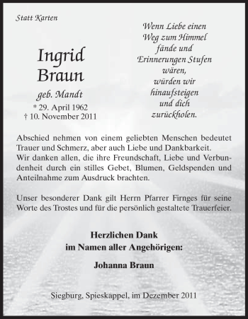 Traueranzeige von Ingrid Braun von Tageszeitung