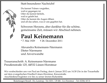 Traueranzeige von Paul Keinemann von Tageszeitung