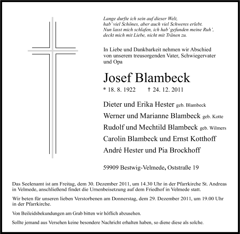 Traueranzeige für Josef Blambeck vom 29.12.2011 aus Tageszeitung