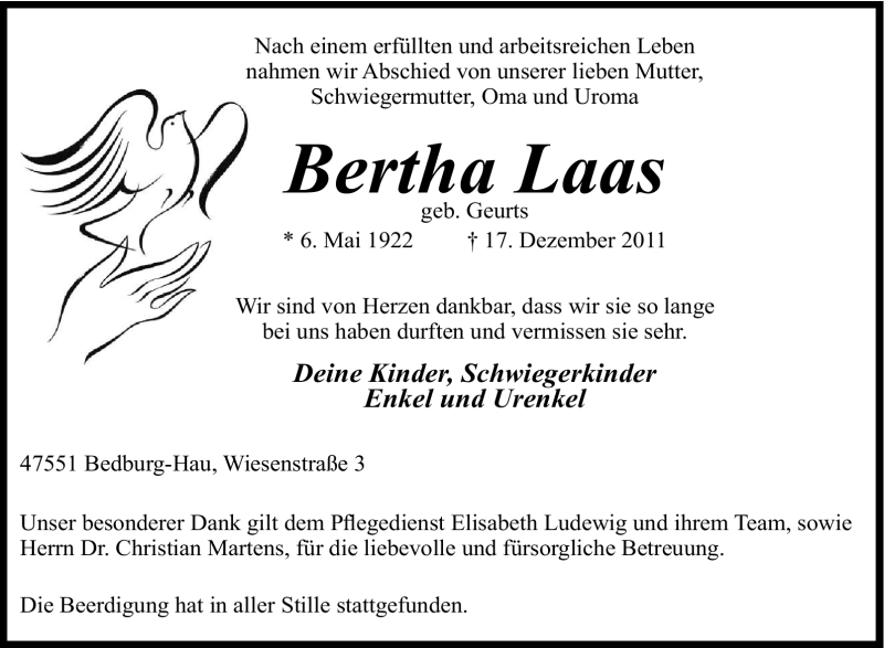  Traueranzeige für Bertha Laas vom 28.12.2011 aus Tageszeitung