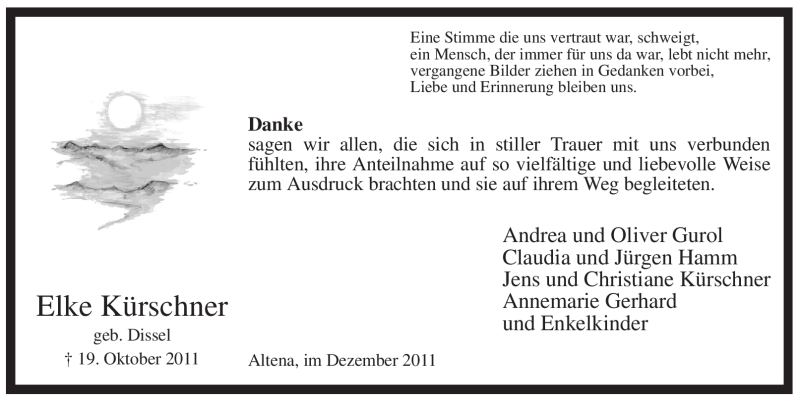  Traueranzeige für Elke Kürschner vom 03.12.2011 aus Tageszeitung