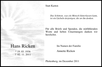 Traueranzeige von Hans Ricken von Tageszeitung