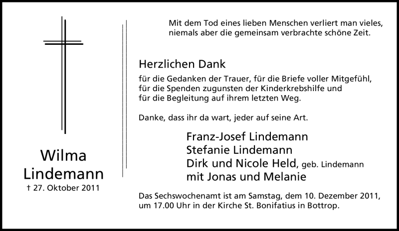  Traueranzeige für Wilma Lindemann vom 03.12.2011 aus Tageszeitung