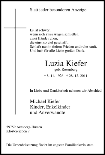 Traueranzeige von Luzia Kiefer von Tageszeitung