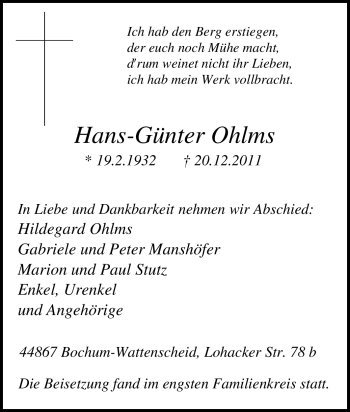 Traueranzeige von Hans-Günter Ohlms von Tageszeitung