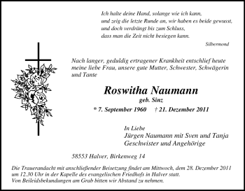 Traueranzeige von Roswitha Naumann von Tageszeitung