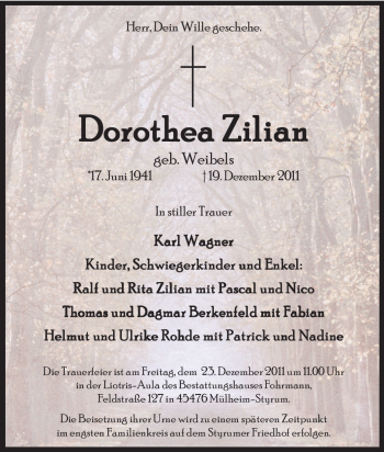 Traueranzeige von Dorothea Zilian von Tageszeitung