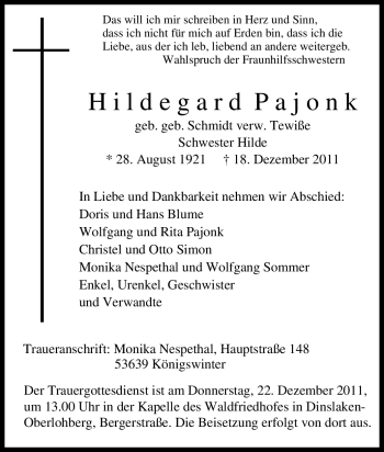 Traueranzeige von Hildegard Pajonk von Tageszeitung