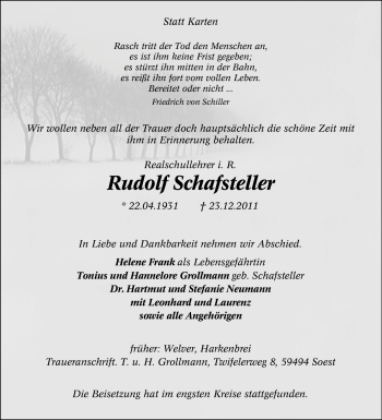 Traueranzeige von Rudolf Schafsteller von Tageszeitung