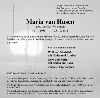 Traueranzeige von Maria van Husen von Tageszeitung