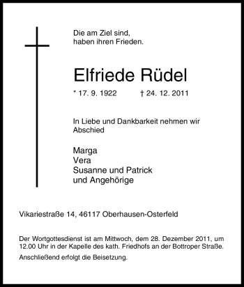 Traueranzeige von Elfriede Rüdel von Tageszeitung