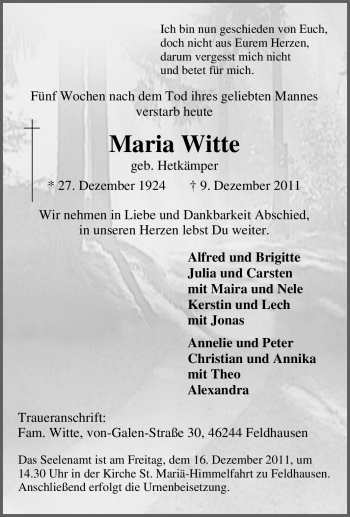Traueranzeige von Maria Witte von Tageszeitung